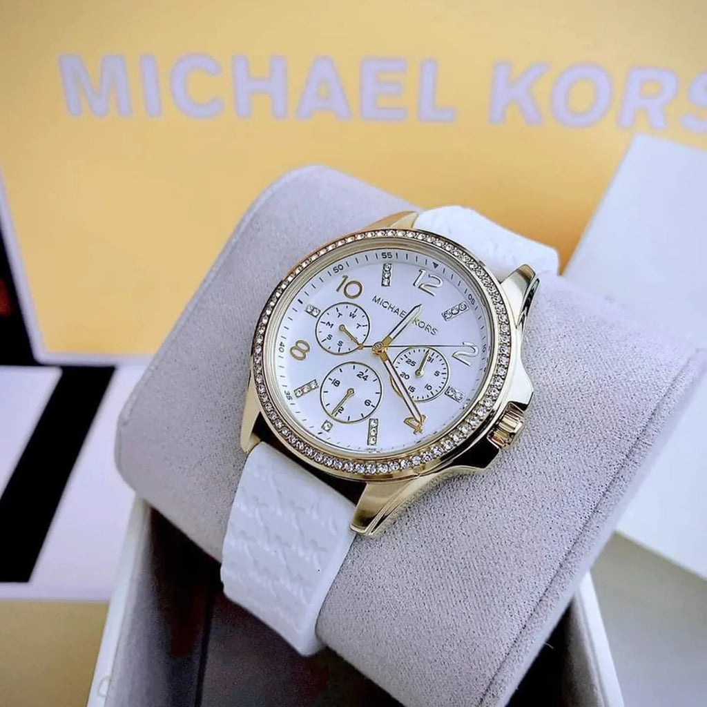 Michael Kors Mini Pilot Quartz Silver Dial White Silicone Strap