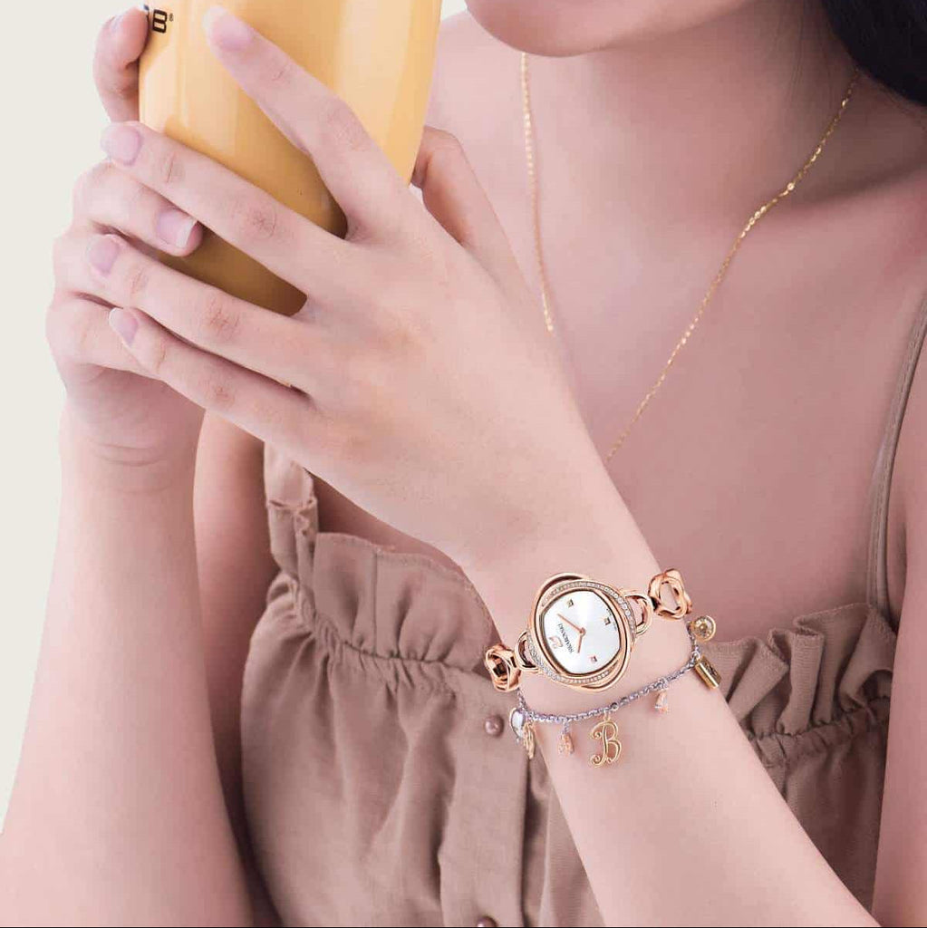 Swarovski Crystal Flower Silver Dial Rose Gold Steel Strap Watch