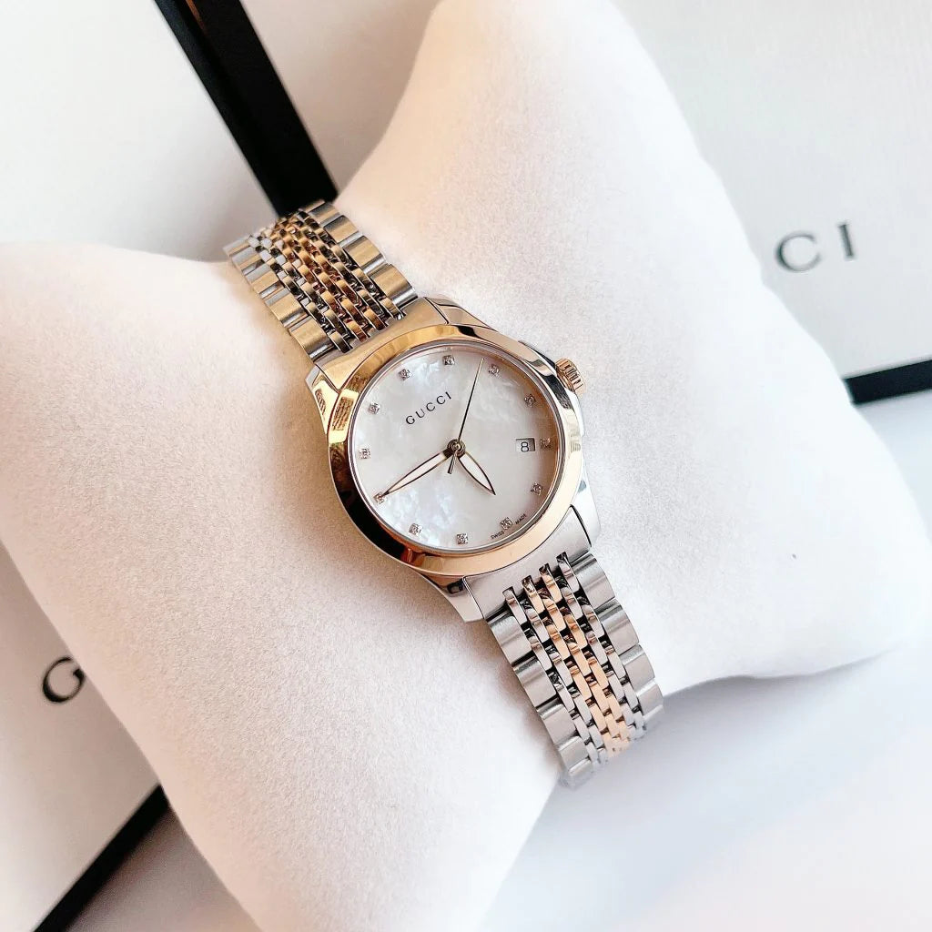 Gucci G Timeless Diamonds Mother of Pearl Dial Two Tone Mesh
