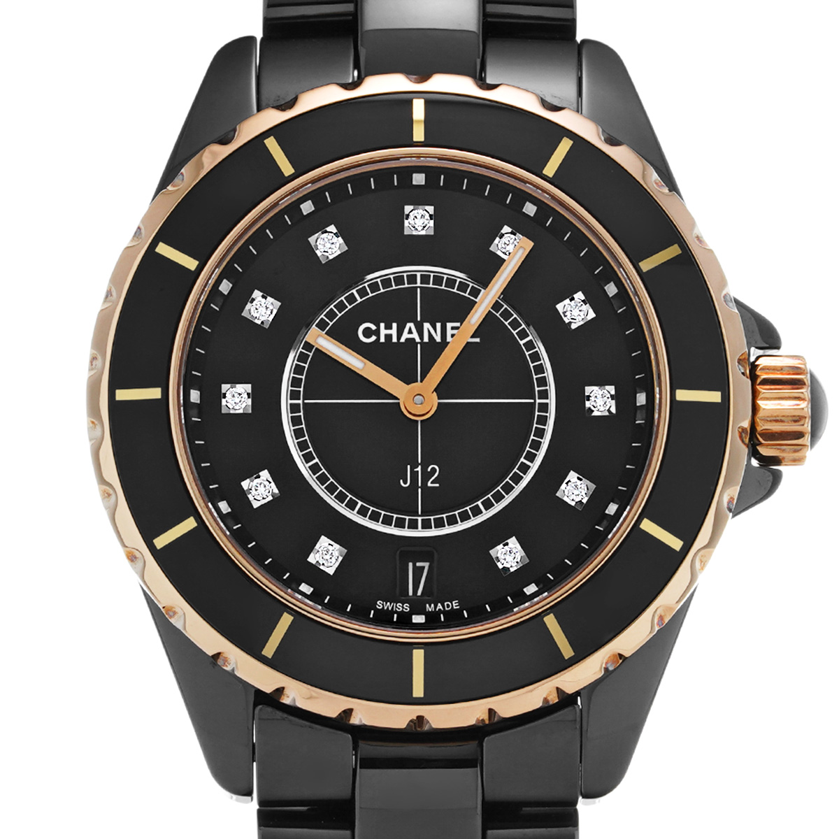 シャネル J12 38MM H2544 ブラックラッカー/ダイヤモンド メンズ 時計
