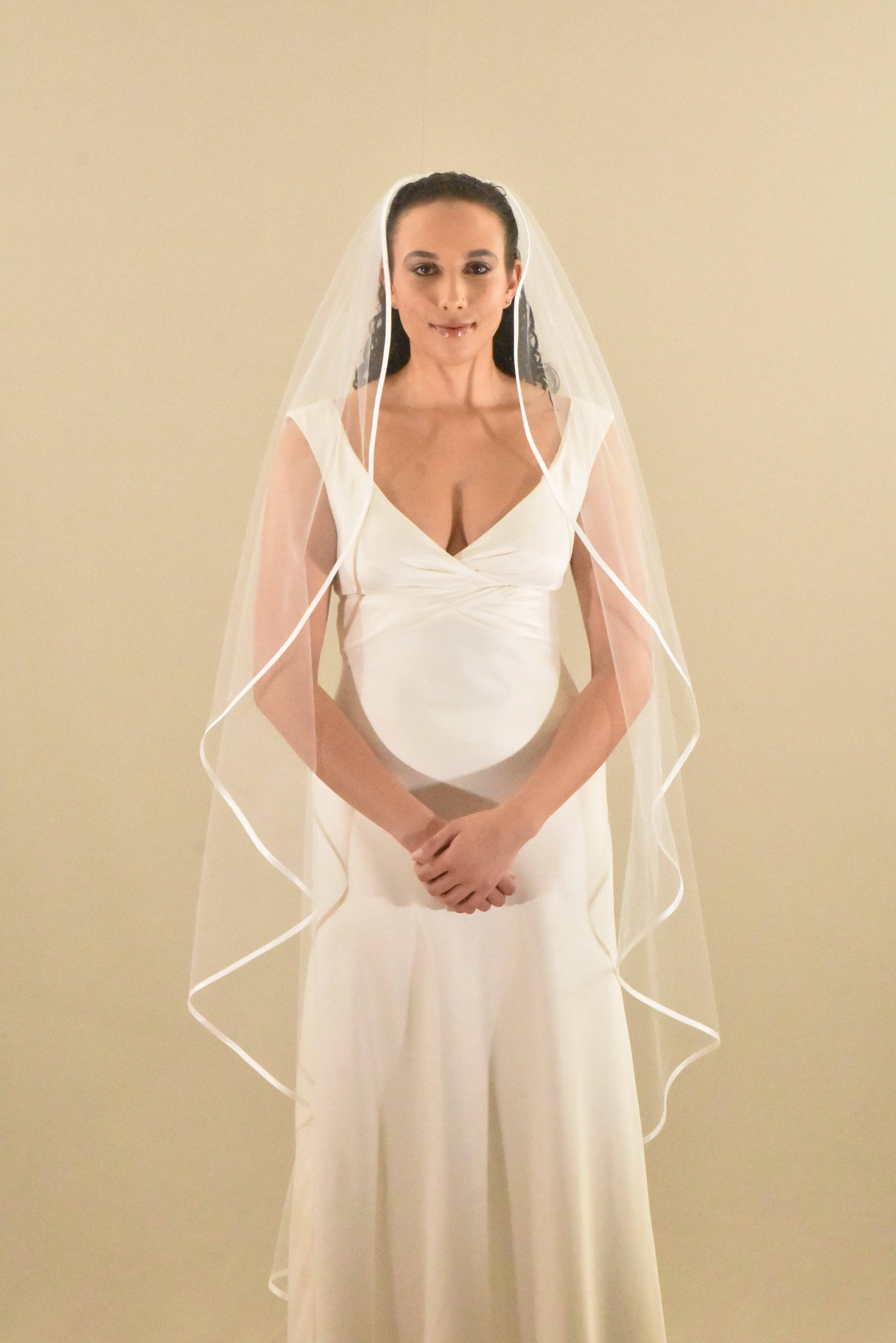 Waltz Length Angel Cut Veil with Satin Trim | WeddingVeil.com