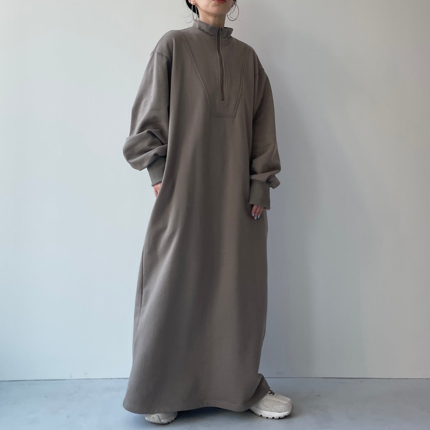 high neck half zip up sweat one piece / charcoal [3size