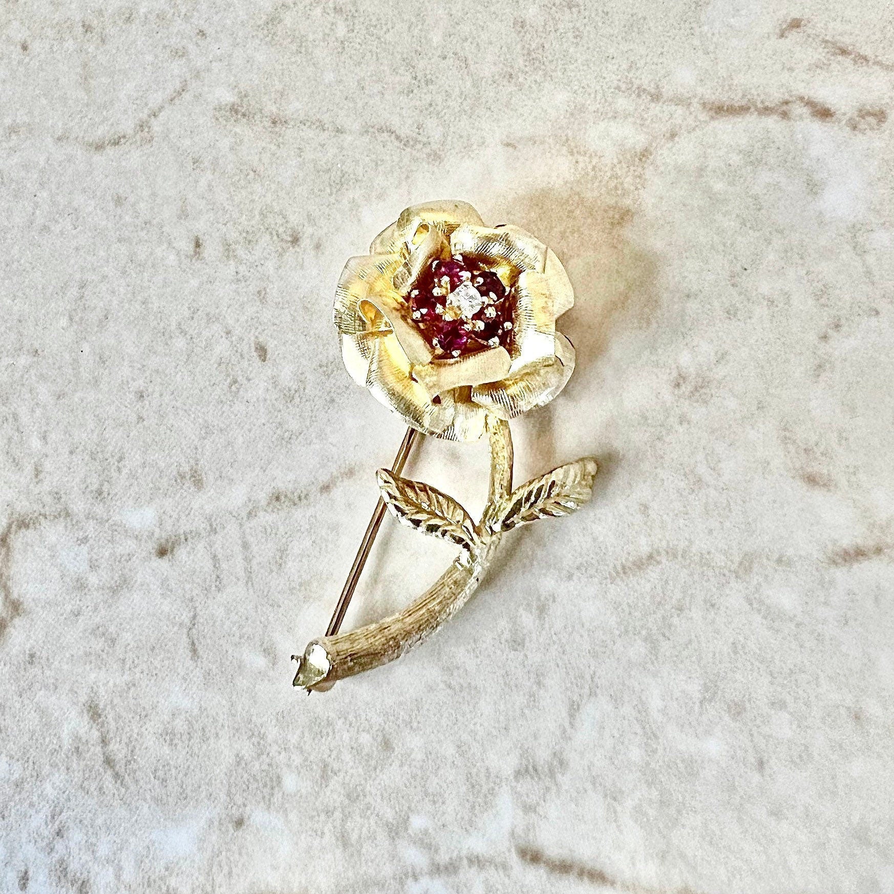 Vintage 1960's 14 Karat Yellow Gold Ruby & Diamond Flower Brooch