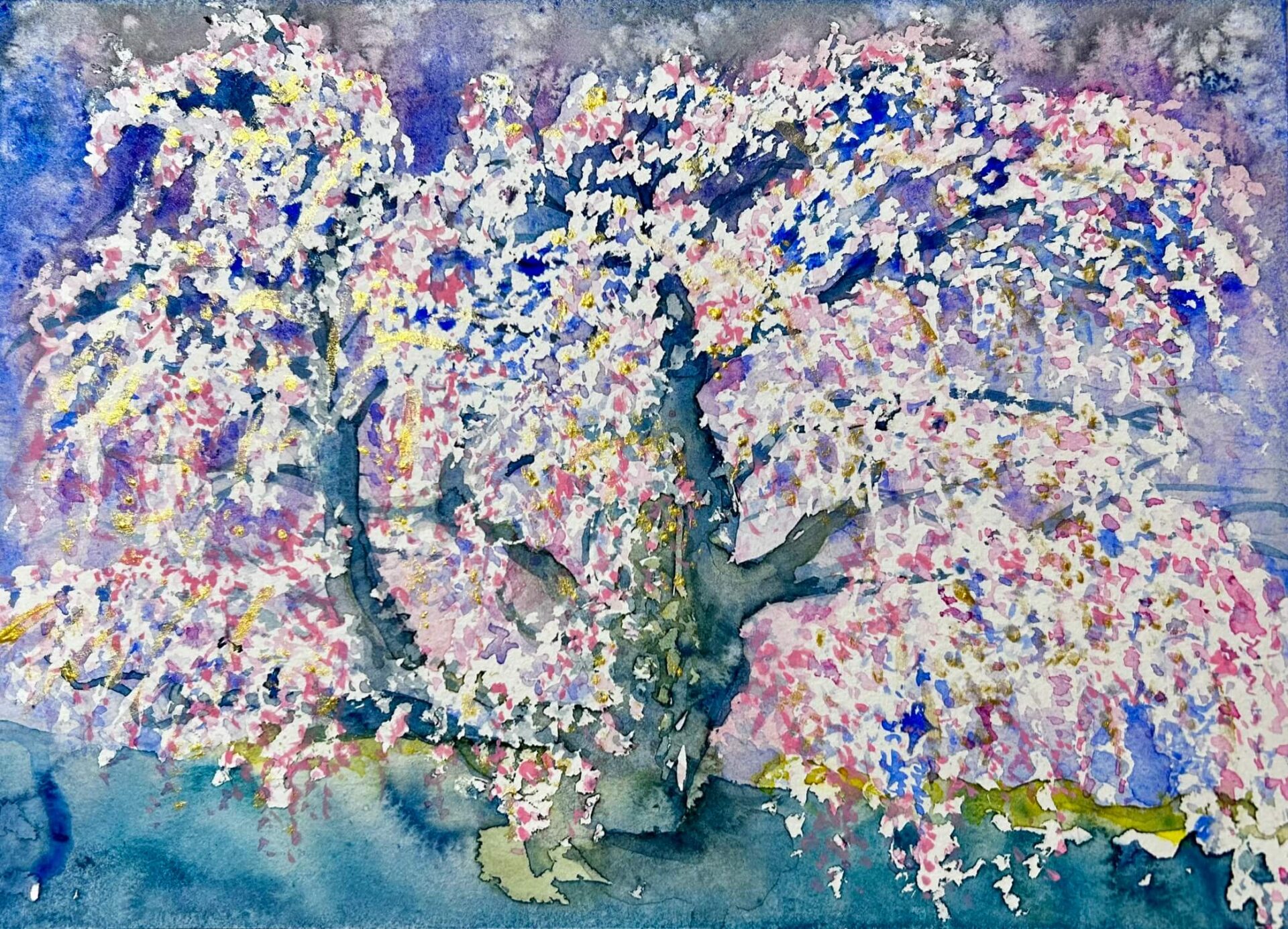 呉竹の顔彩で描いた春の滝桜～水彩との違いとは？ | Whisper of Color