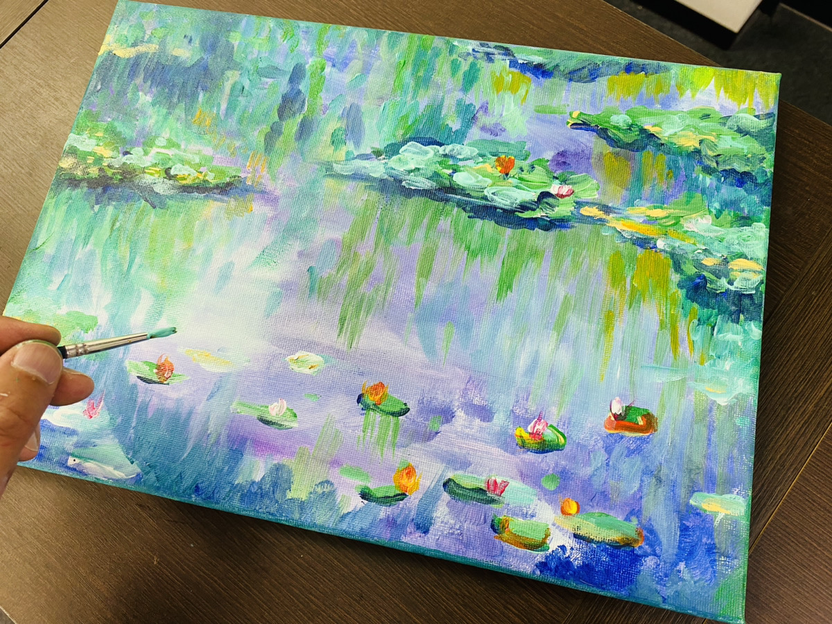 モネの睡蓮（すいれん）をアクリル絵の具でキャンバスで油絵風に！子供