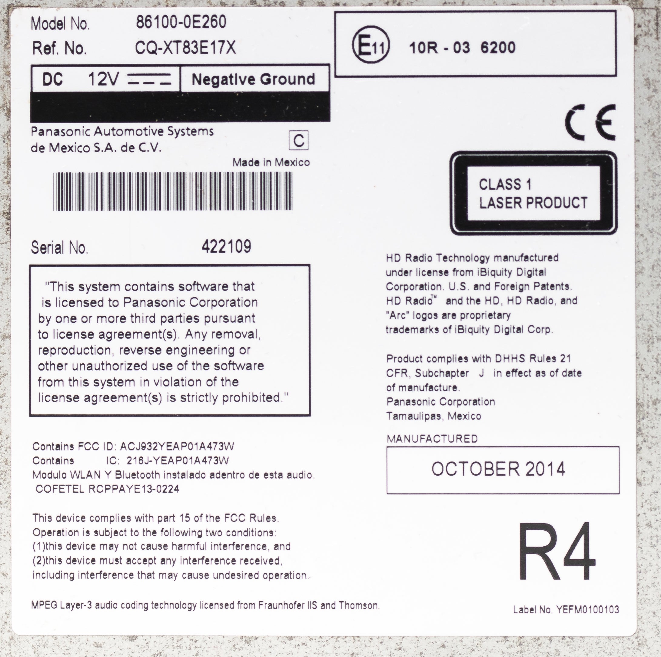 2014-2015 Toyota Highlander AMFM Radio CD Player Navigation Model