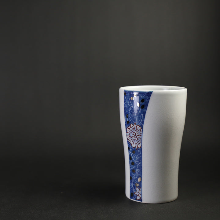 十四代今泉今右衛門 作 色絵雪花藍色墨はじき草花更紗文杯