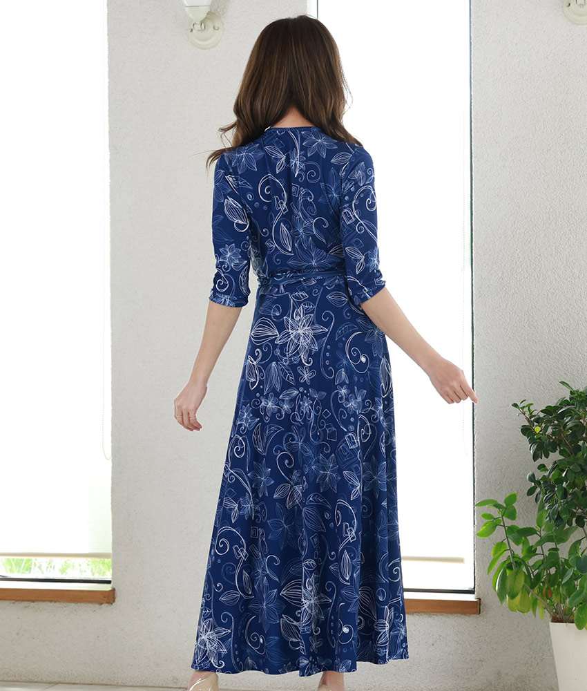 ネイビーホワイト花柄カシュクール/山崎みどり - カラードレス