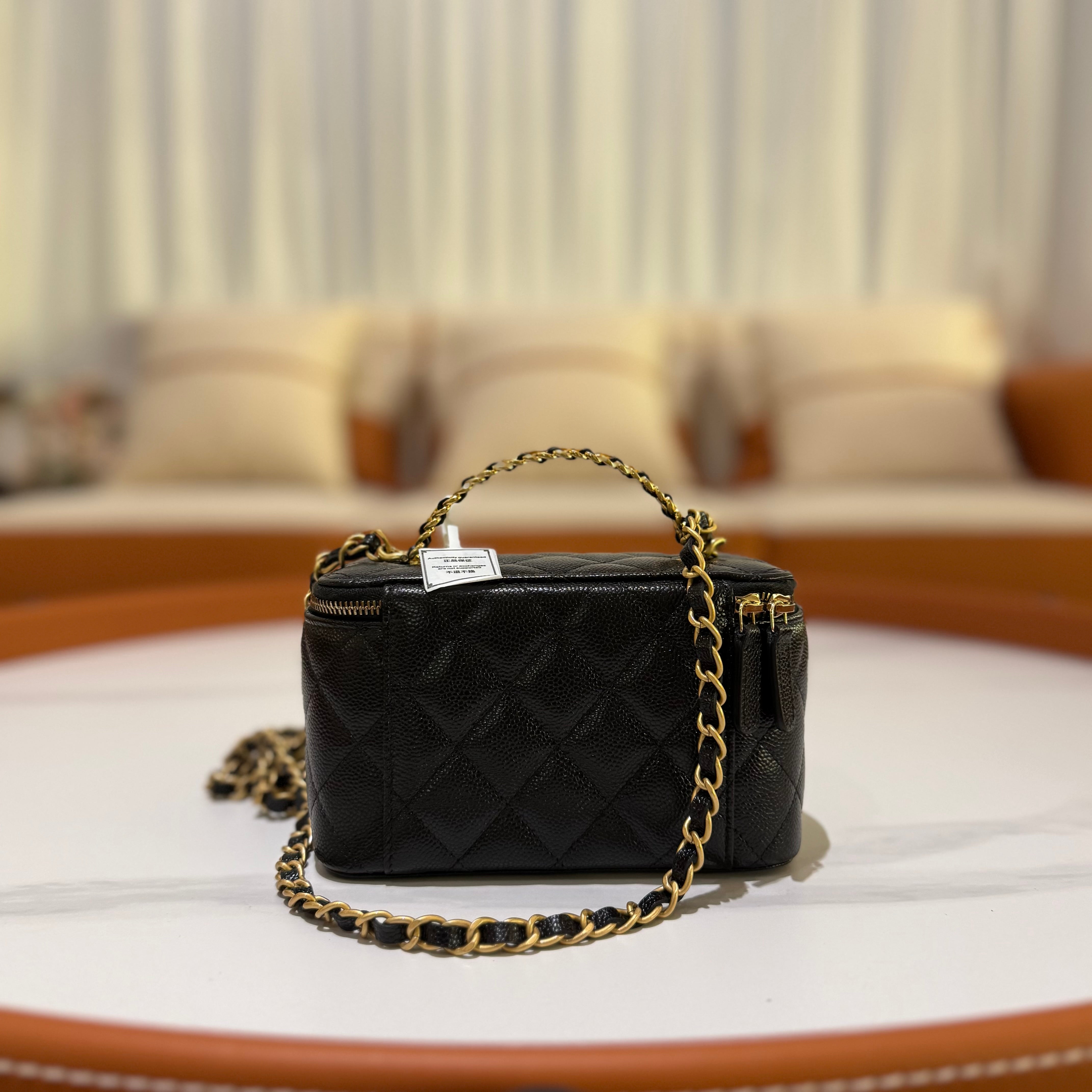 CHANEL MAKEUP BAG WITH HANDLE BLACK CAVIAR LEATHER