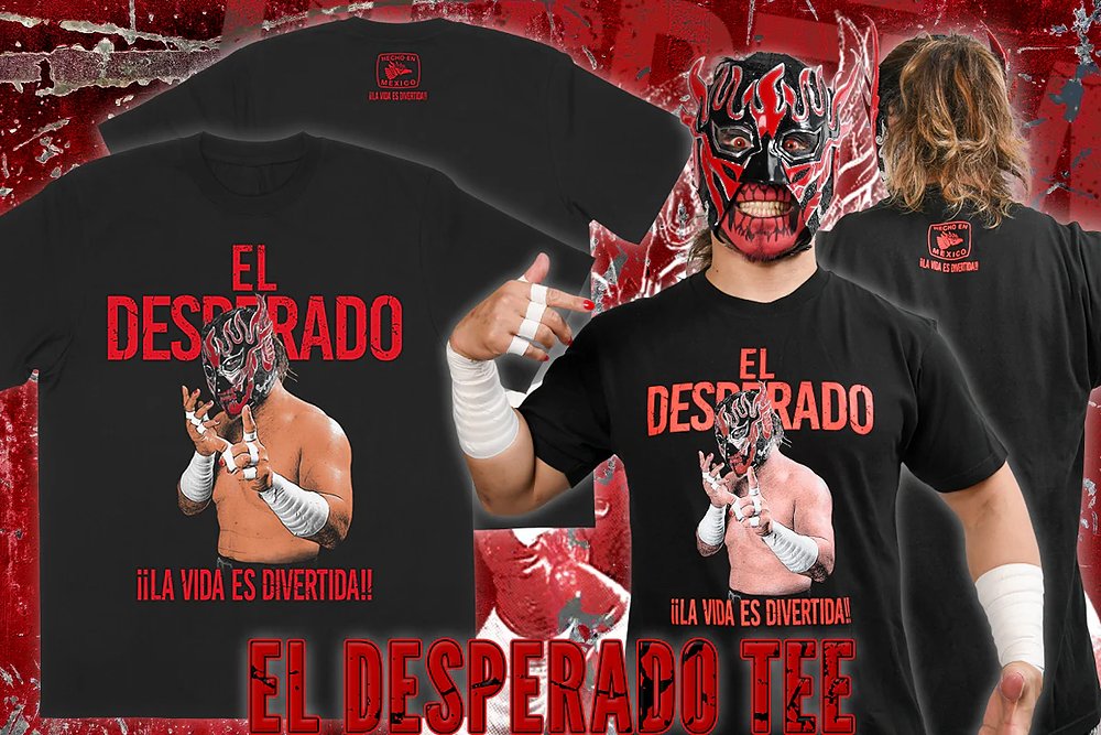 エル・デスペラード「LA VIDA ES DIVERTIDA」Tシャツ（ブラック×レッド