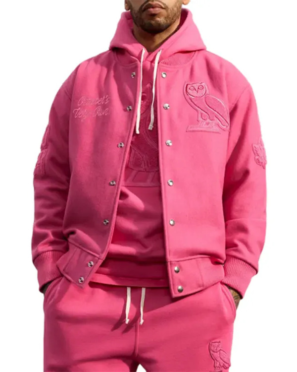 October's Very Own Pink Hooded Varsity Jacket | OVO Pink Jacket