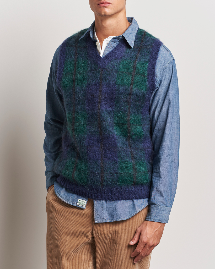 BEAMS PLUS Mohair Check Vest Navy at CareOfCarl.com
