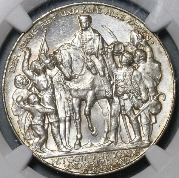 1913 NGC MS 64 Prussia 3 Mark Napoleon Defeat German Silver Coin
