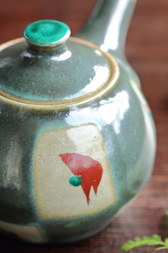 濱田友緒 青釉赤絵急須 満容量310ml 登り窯焼成茶器 作家もの横手