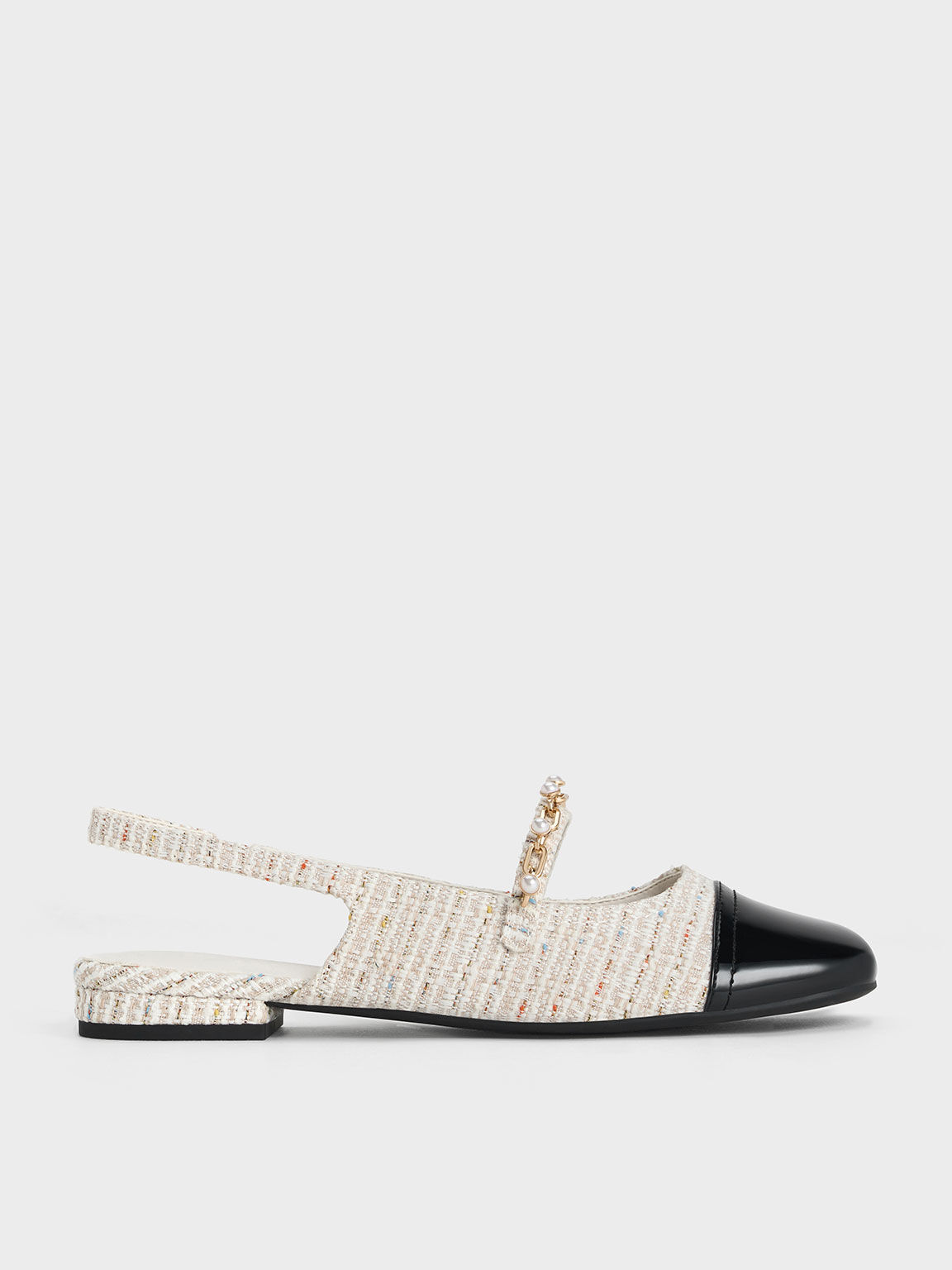 Cream Rio Tweed Beaded Chain-Link Slingback Flats - Cream