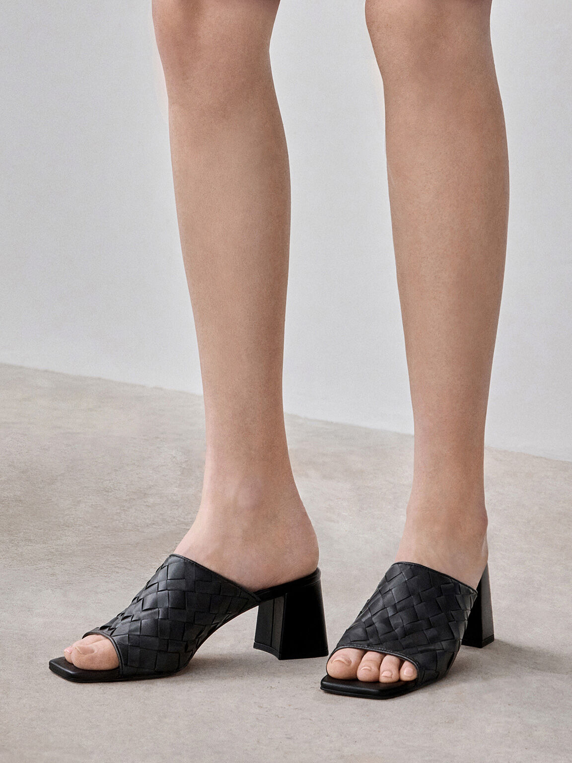 Black Ivette Woven Square-Toe Heeled Mules - Black - CHARLES