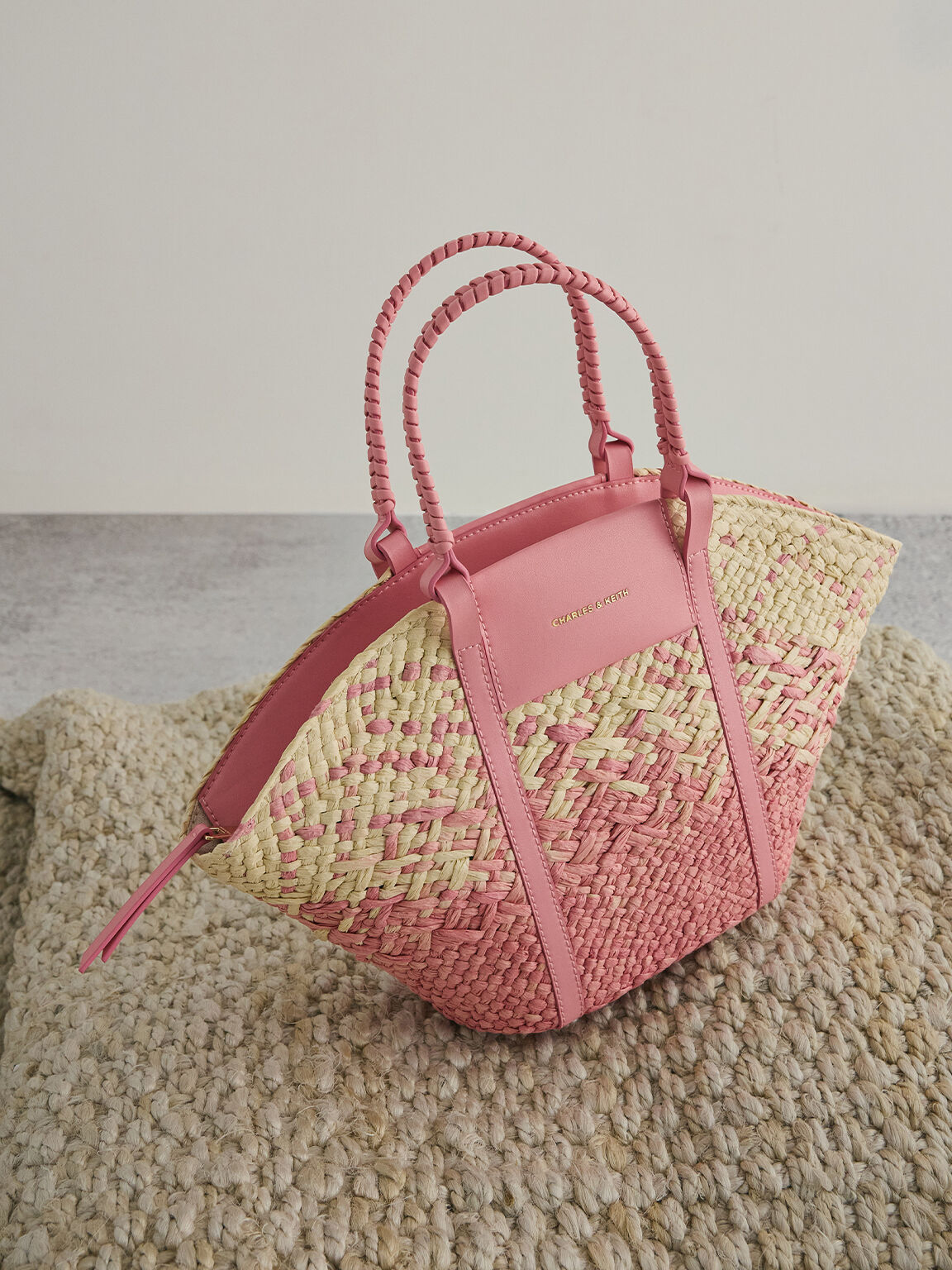 Shalia シャリア ラフィアウーブンバケツバッグ - グアバピンク