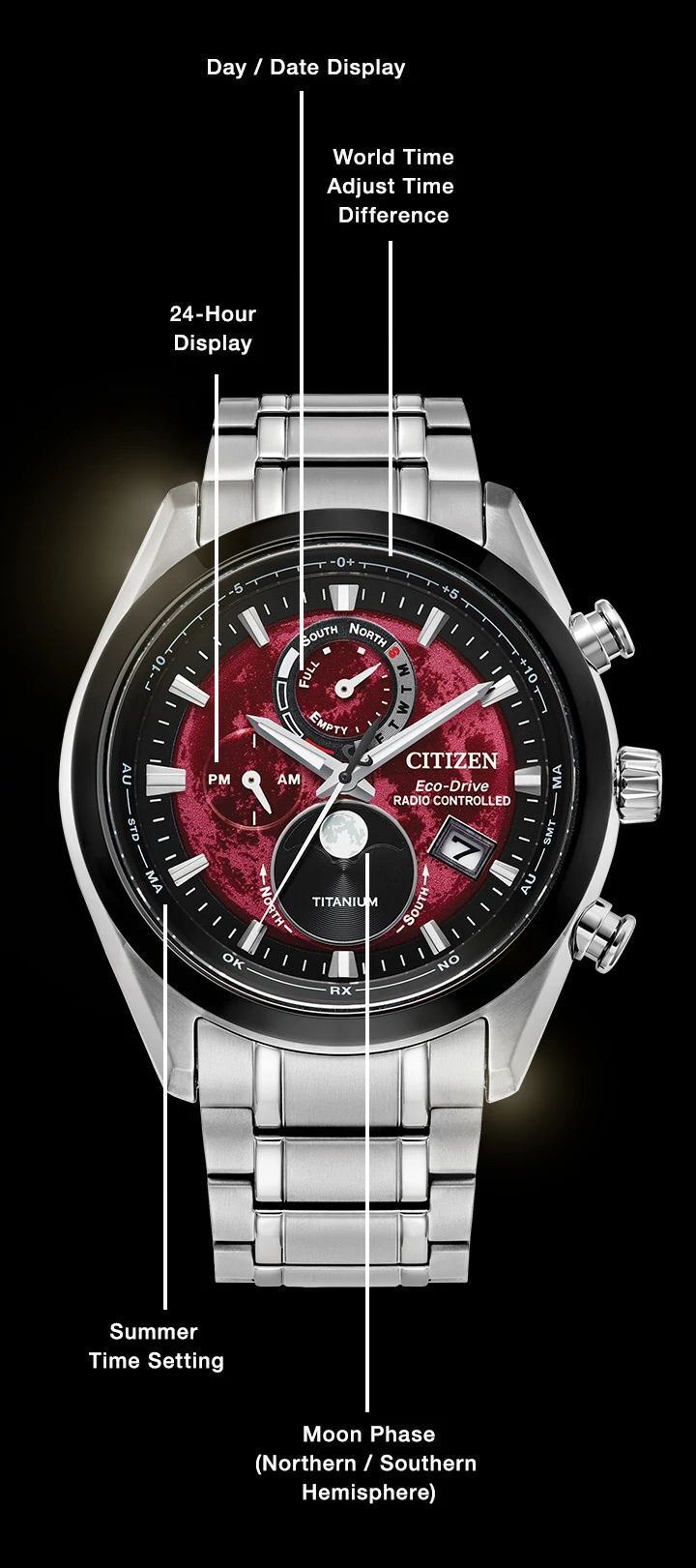 Tsuki-yomi A-T Red Dial Super Titanium Bracelet BY1018-55X | CITIZEN