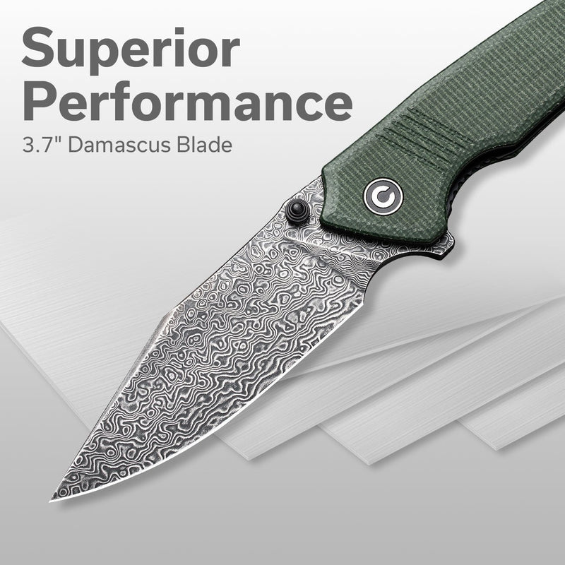 CIVIVI Tranquil Flipper & Thumb Stud Knife Micarta Handle Damascus