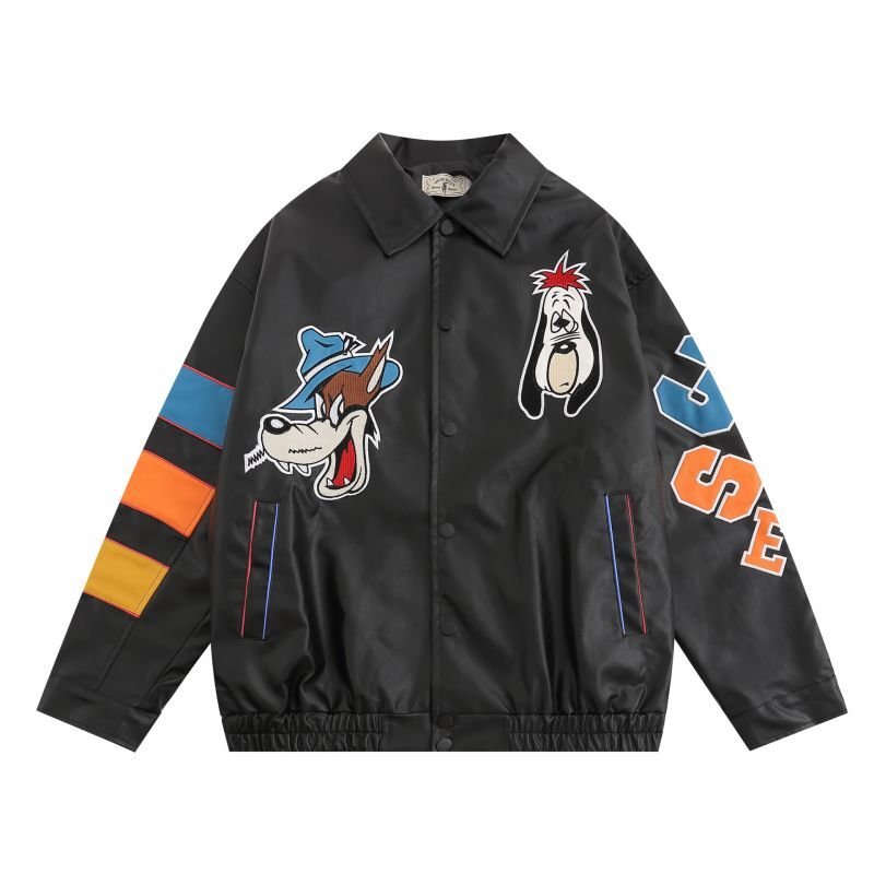 unisex big bat wolf embroidery leather jacket uniformsletter
