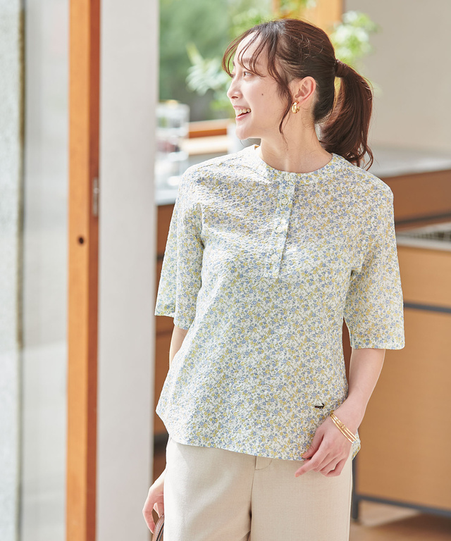 レディース 花柄サッカー バンドカラー ブラウス【オンラインショップ