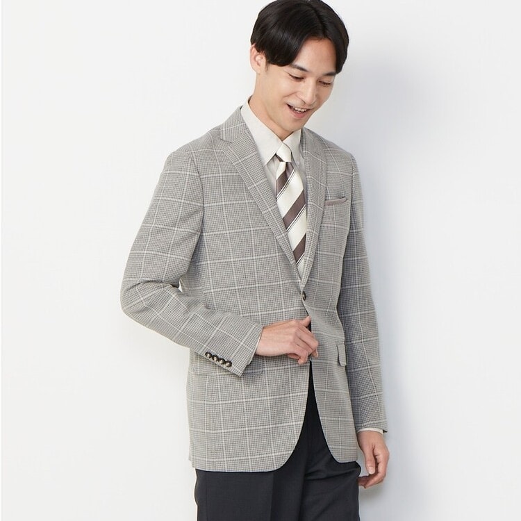 洗える ウールブレンドジャケット ライトグレーウィンドウペン LES