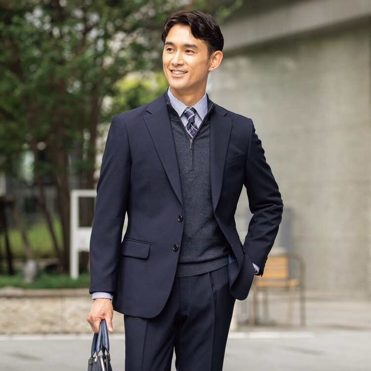 リサイクル素材使用 洗える 2パンツスーツ 紺ストライプ JOURNAL WOR