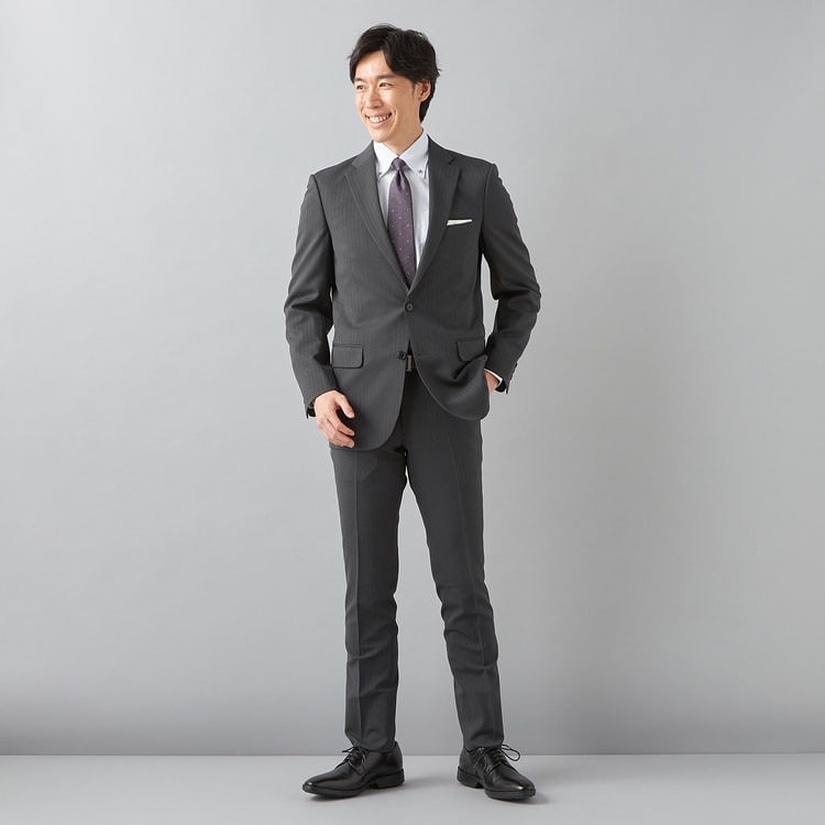 洗える ストレッチ サステナブルスーツ ミディアムグレー ヘリンボーン