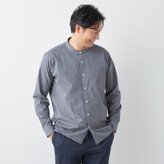 L＆Wデザイン】吸水速乾 形態安定 リネンミックスバンドカラーシャツ
