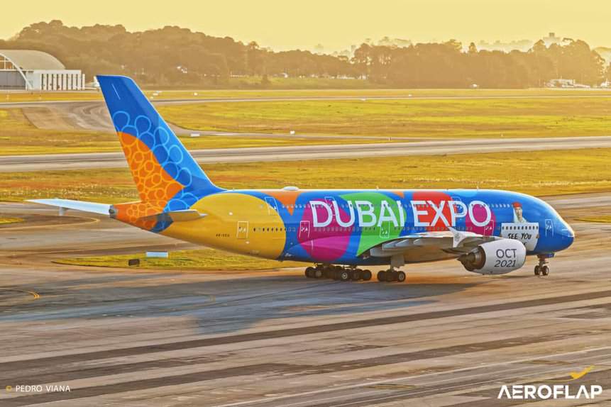 Airbus A380 with the colorful livery of Dubai Expo 2020 flies for