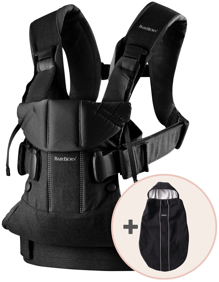 BabyBjörn Baby Carrier One, Cotton Mix + Cover Bundle - Black