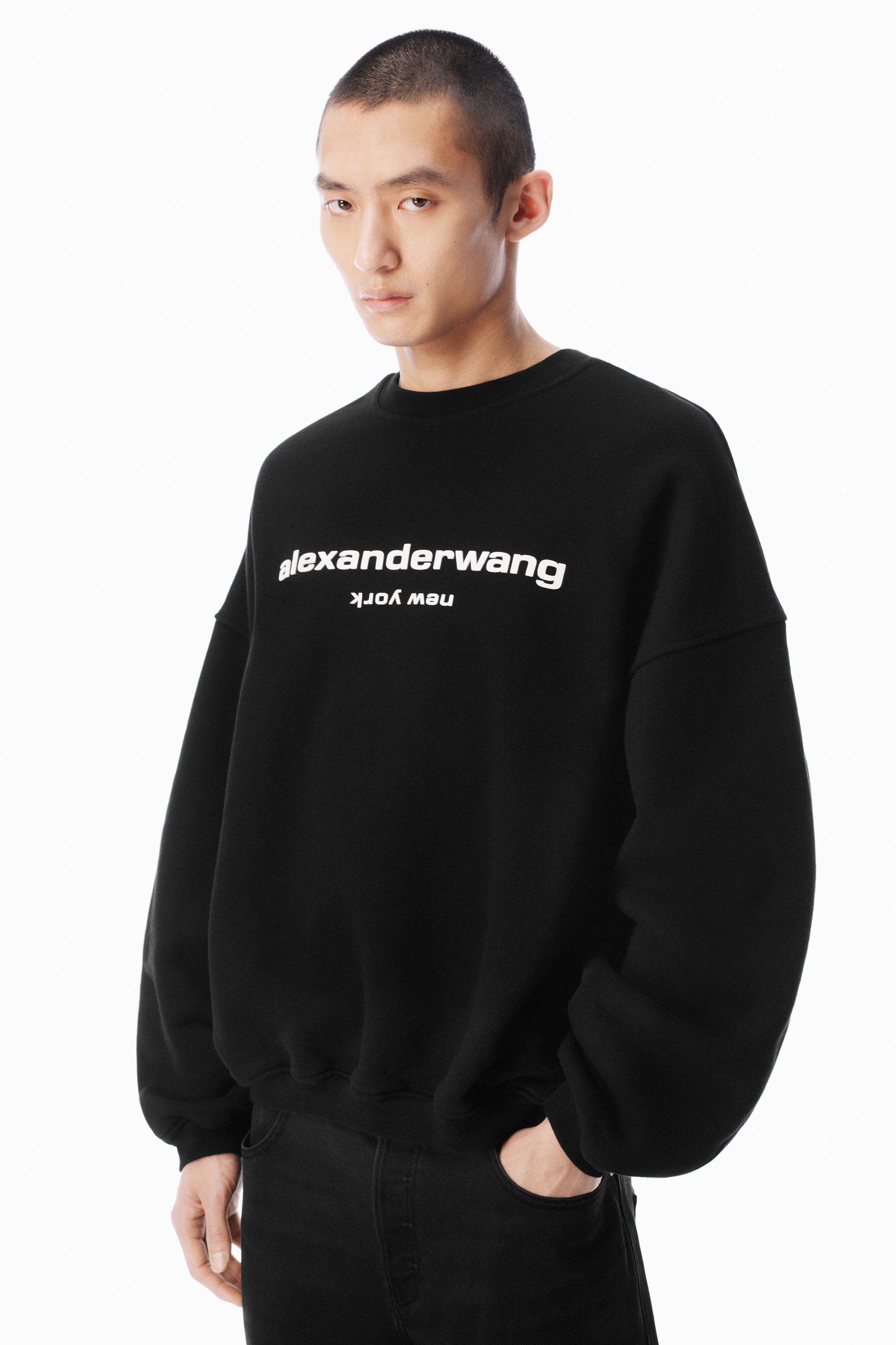 Puff Logo Crewneck Sweatshirt in BLACK | alexanderwang®