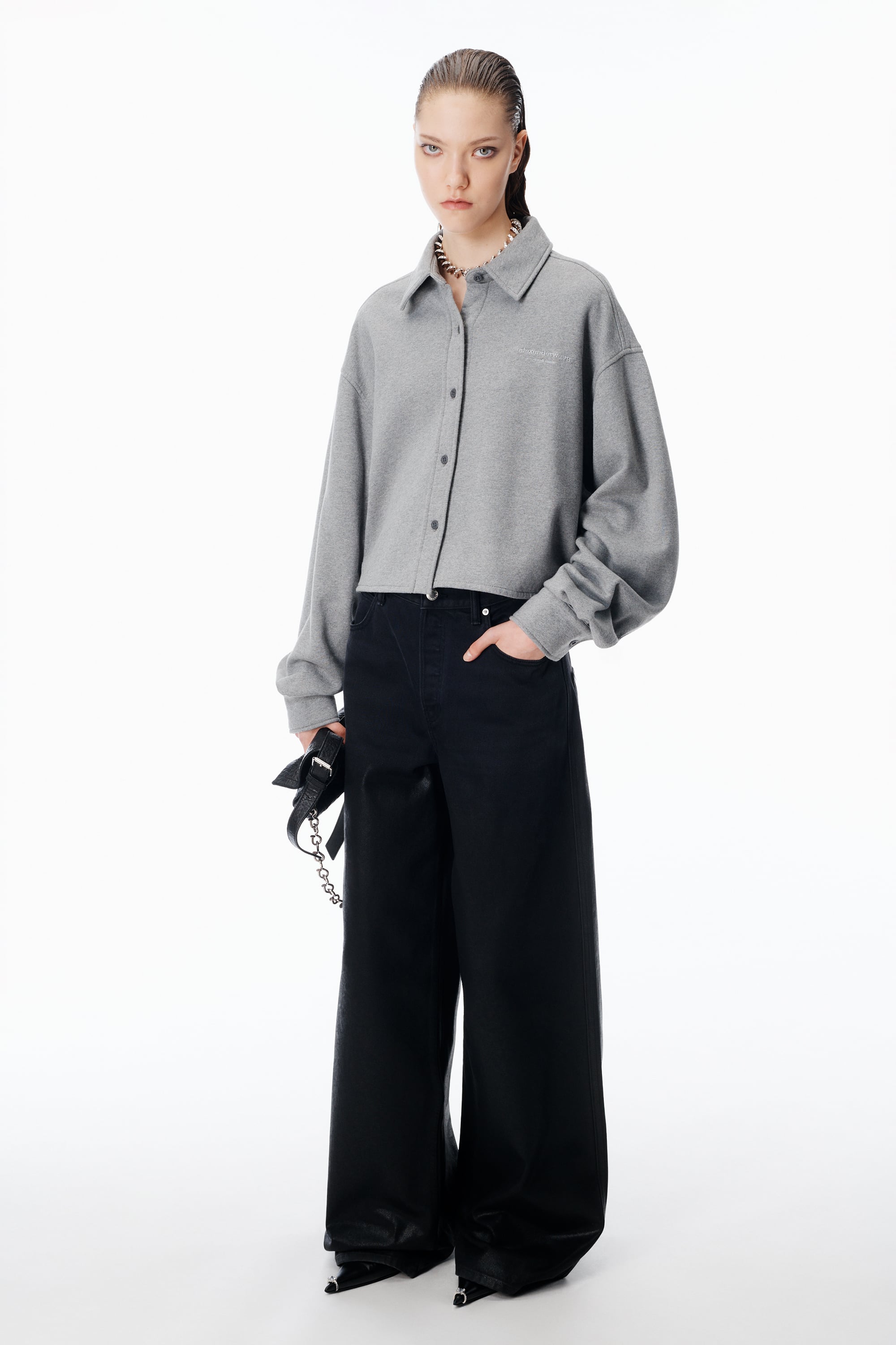 Button Up Cropped Shirt in DARK HEATHER GREY | alexanderwang®