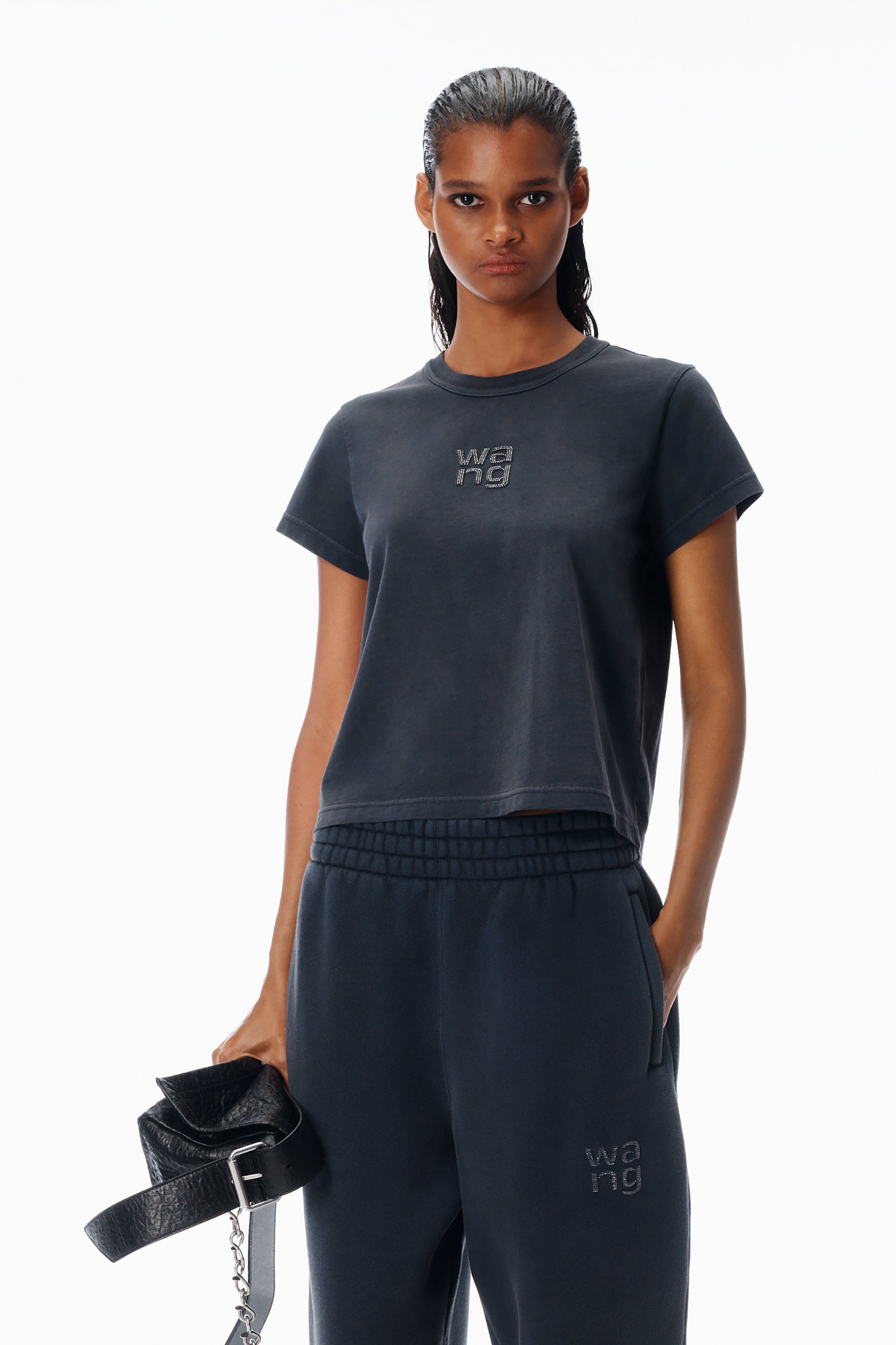 Crystal Logo Shrunken Jersey in WASHED BLACK | alexanderwang®