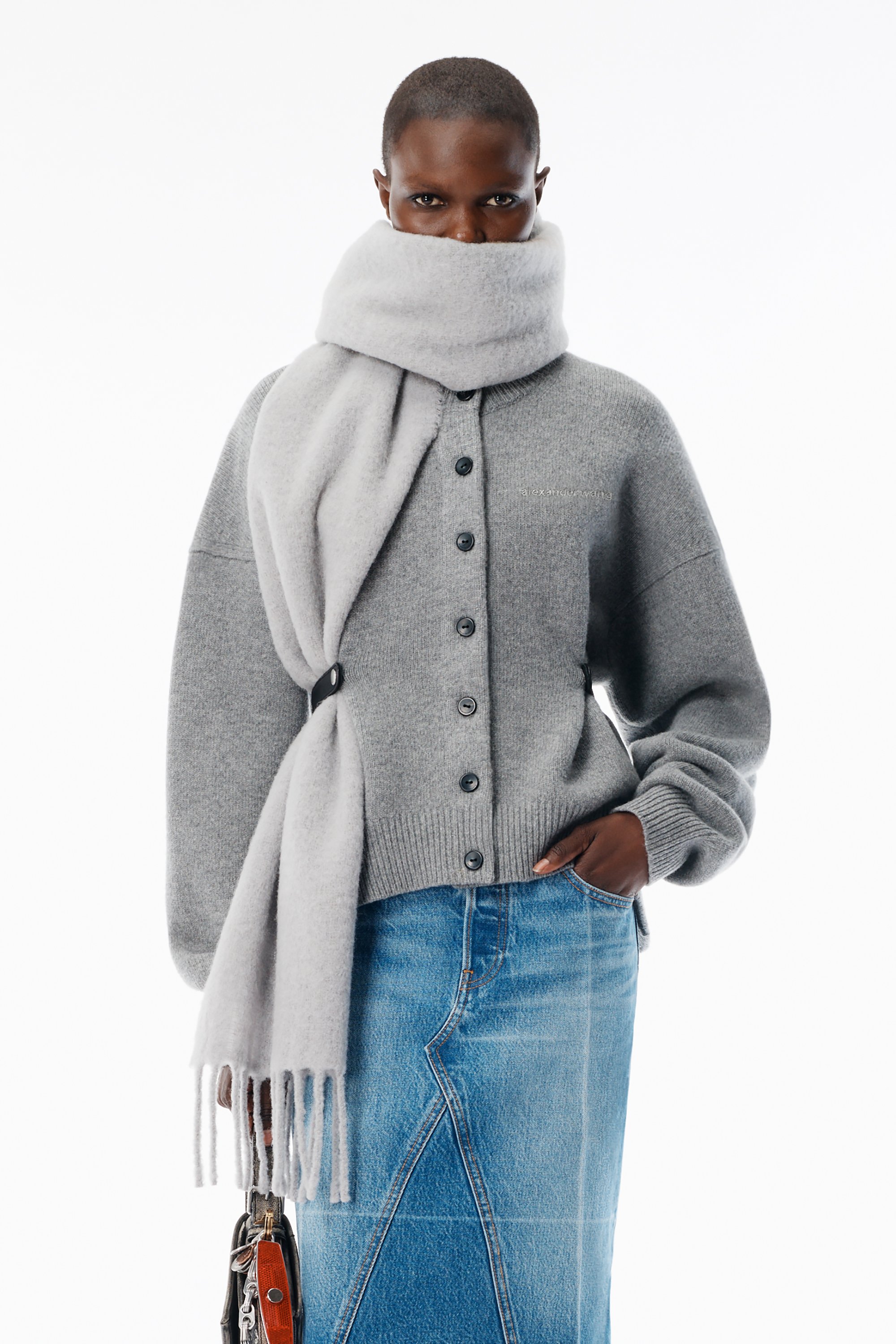 Grey Wool-Cotton Draped Back Cardigan in HEATHER GREY | alexanderwang®