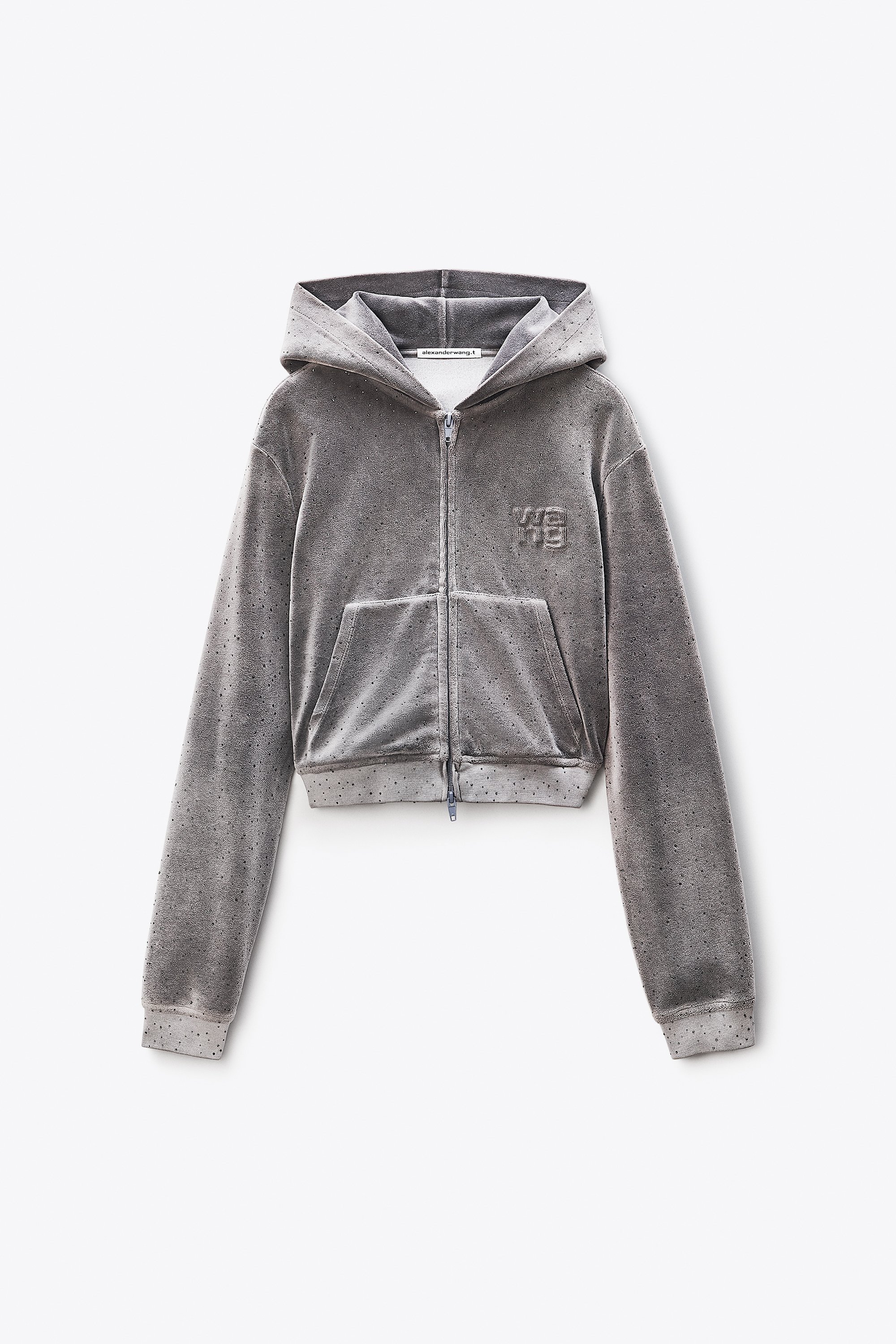 Shrunken Hoodie in Crystal Hotfix Velour in TITANIUM | alexanderwang®