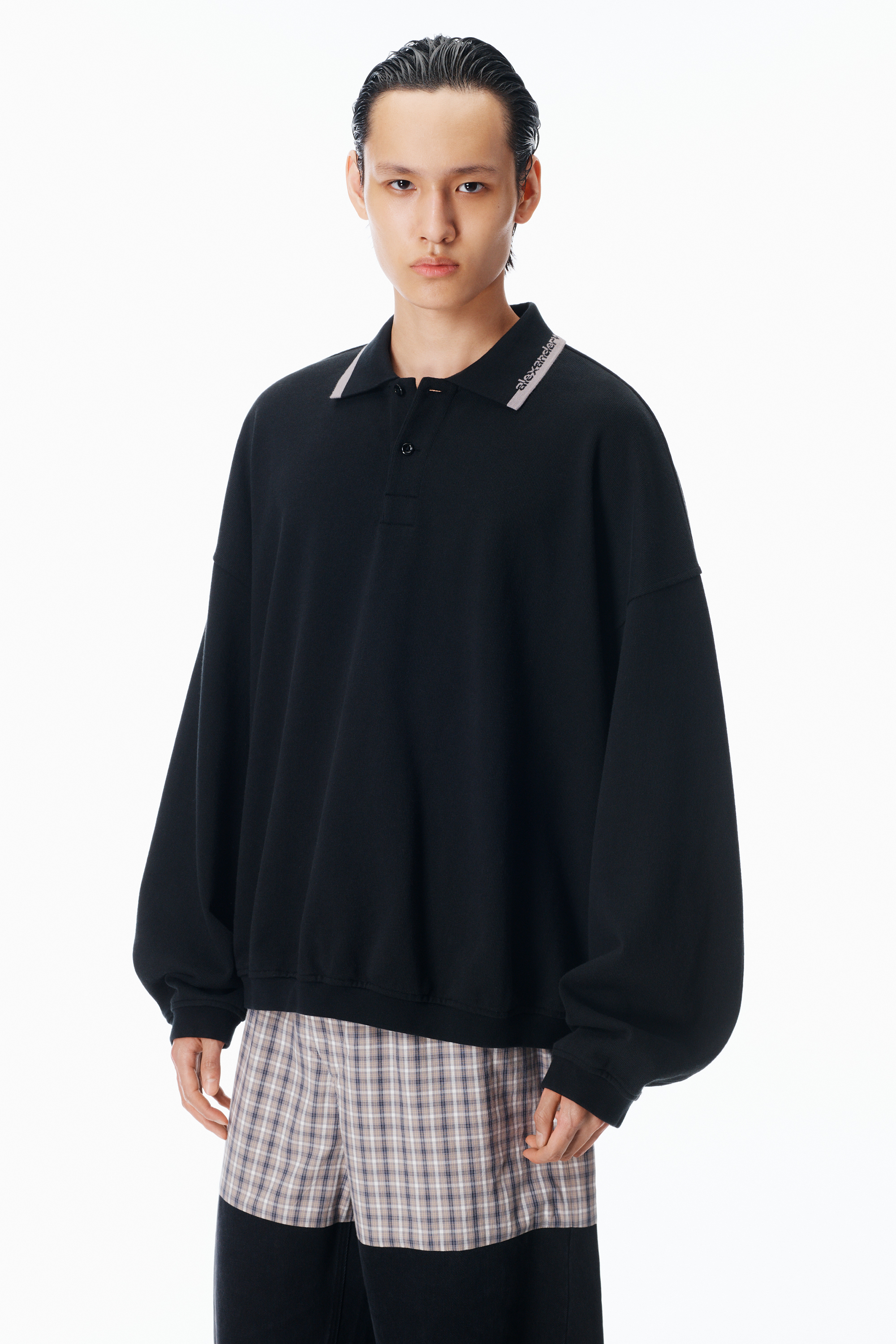Long-Sleeve Polo Shirt in BLACK | alexanderwang®