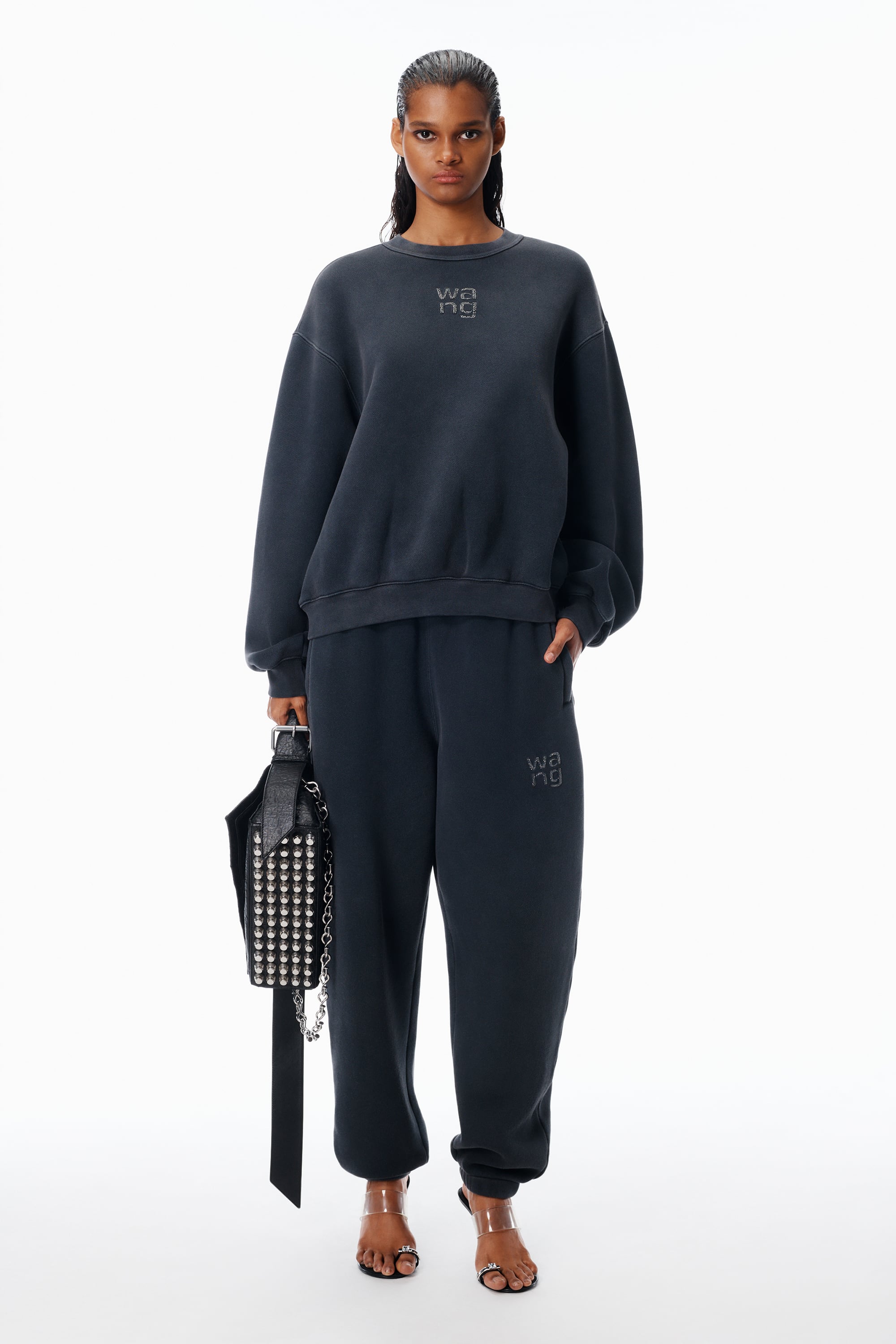Crystal Hotfix Logo Sweatpant in Brushed Terry in WASHED BLACK