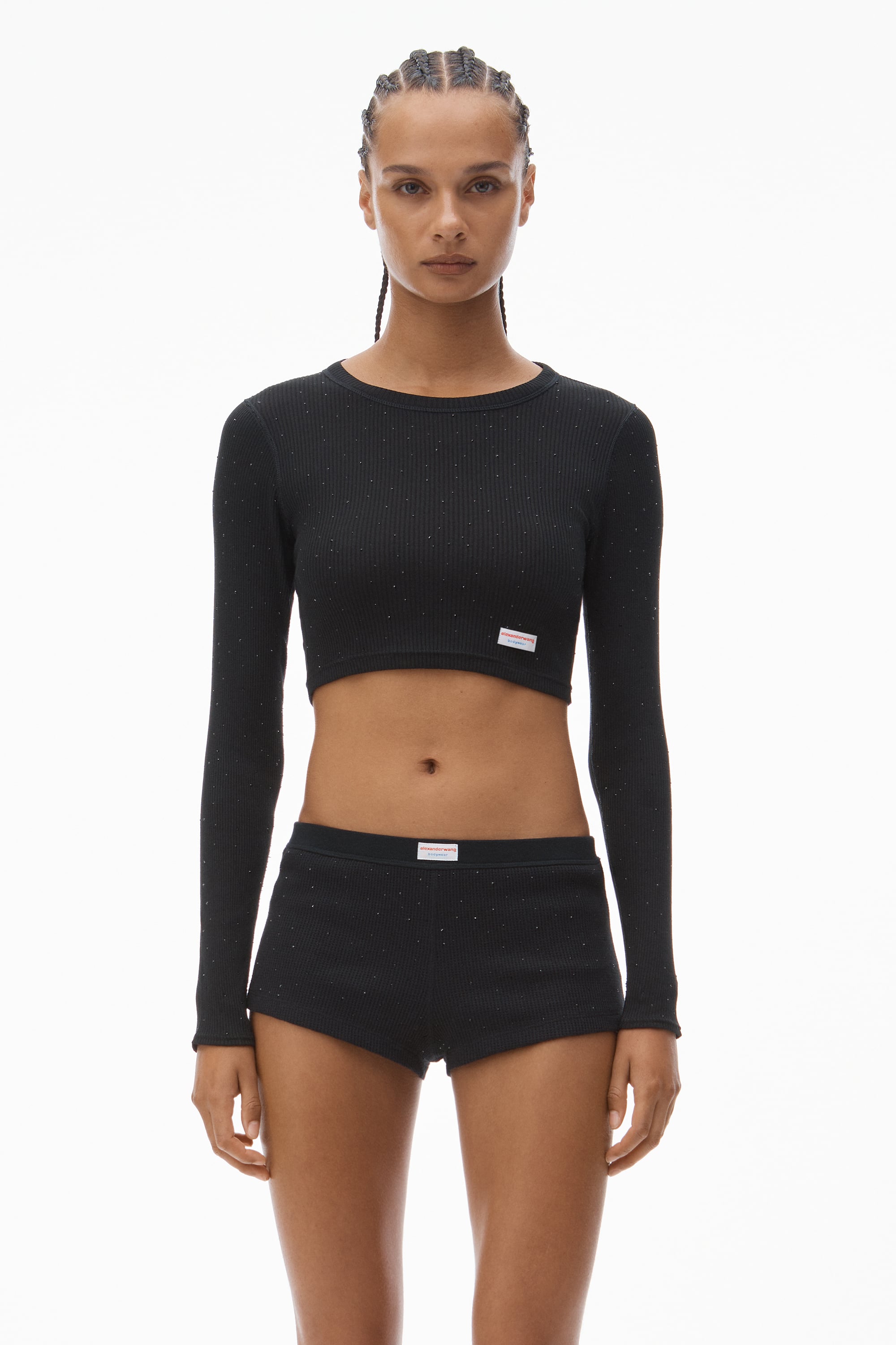 Crystal Hotfix Cropped Long sleeve Tee in BLACK | alexanderwang®