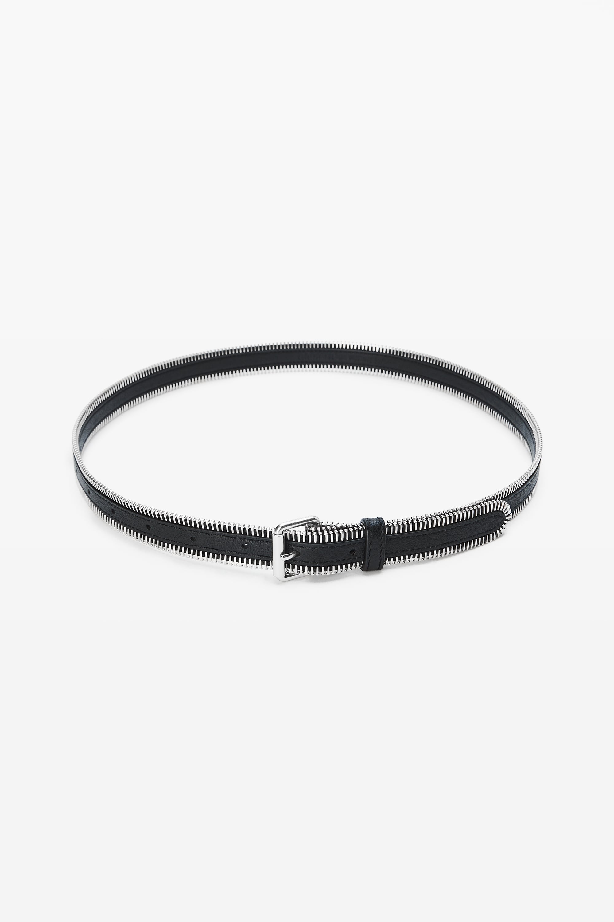 Thin Zipper Belt in Crinkle Leather in BLACK/SILVER | alexanderwang®