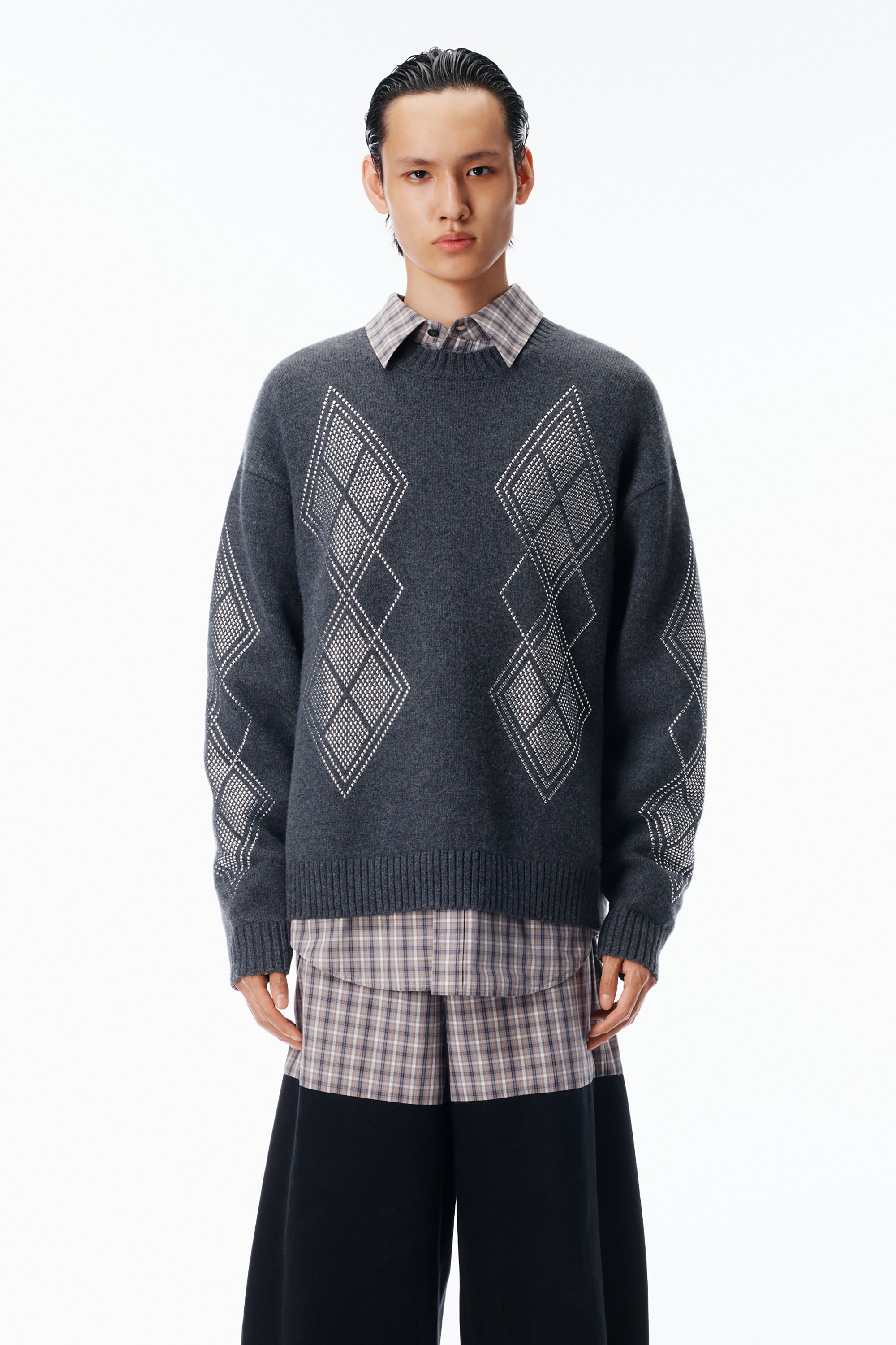 Studded Argyle Crewneck Pullover in DARK GREY MELANGE | alexanderwang®