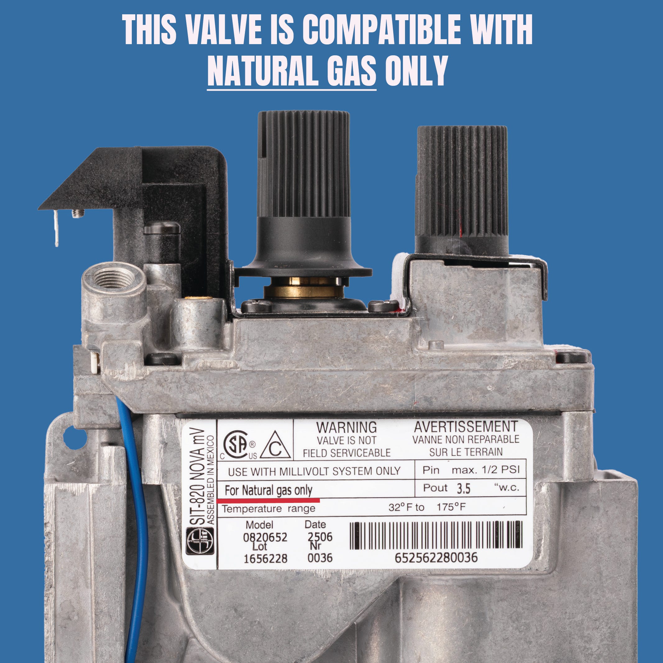 0820652 SIT-820 NOVA Mv Natural Gas Valve Millivolt powered