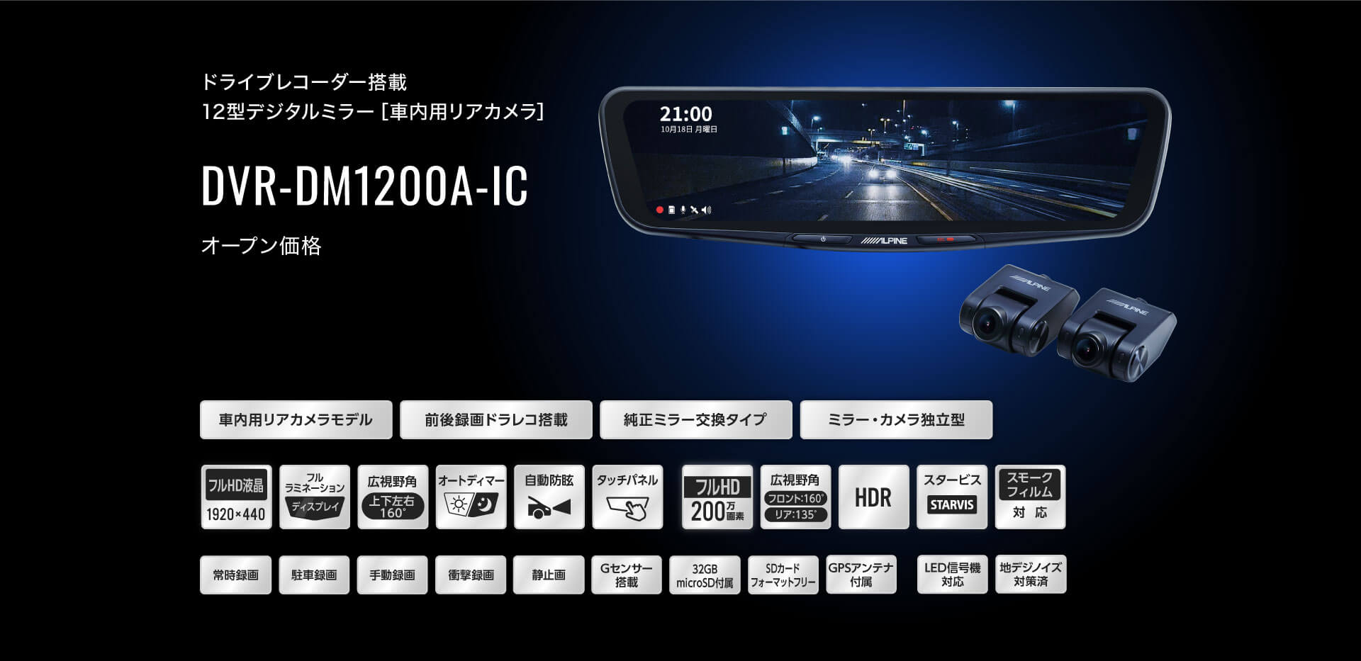 ドライブレコーダー搭載 12型デジタルミラー［車内用リアカメラ］ DVR