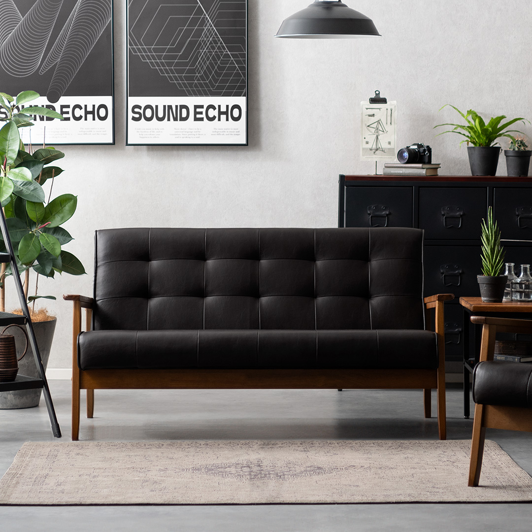 2人掛けレザーソファ ヴィンテージデザイン カフェ風 天然木脚 WEIMAR