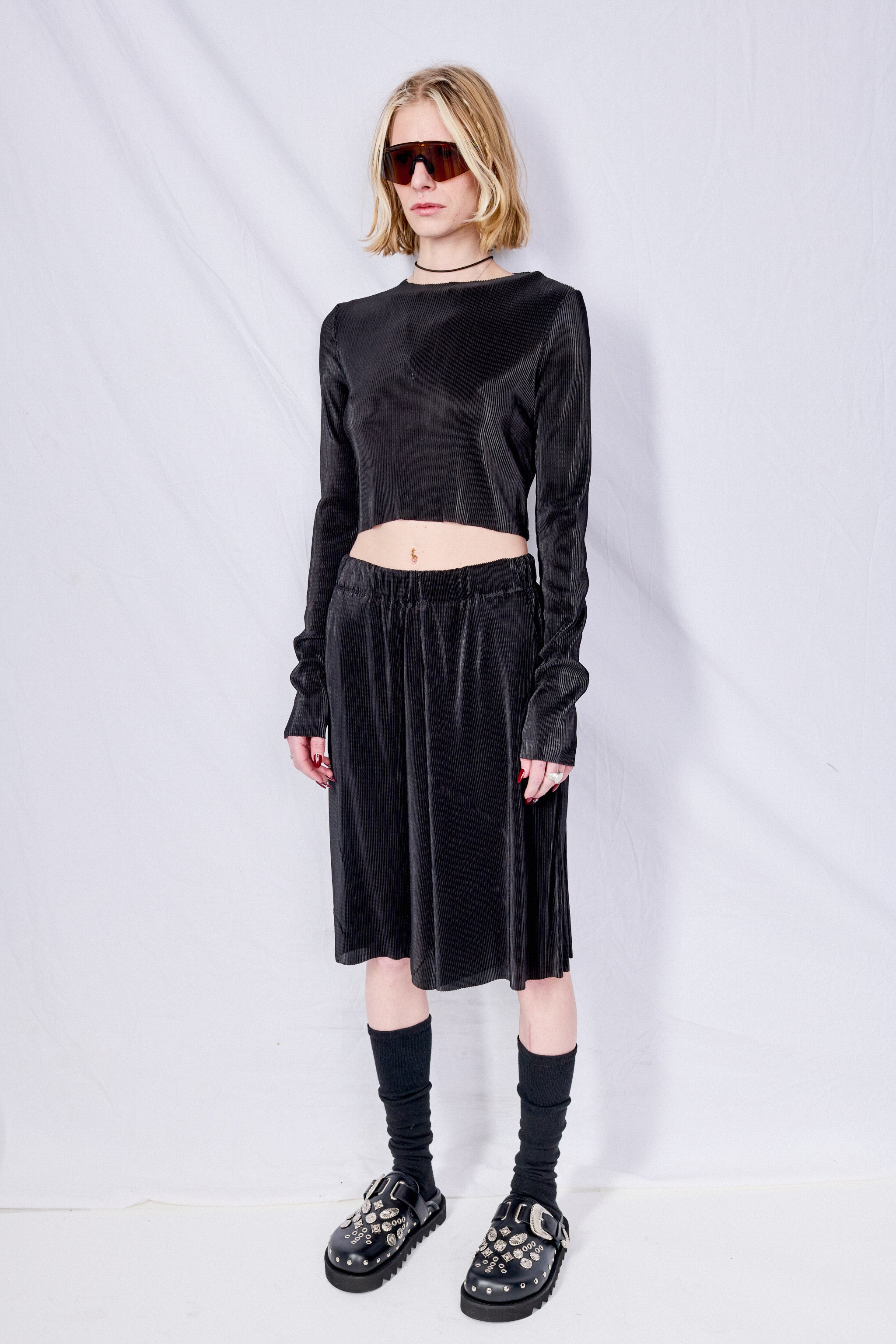 Black Plisse Crop Longsleeve Top - Assembly New York