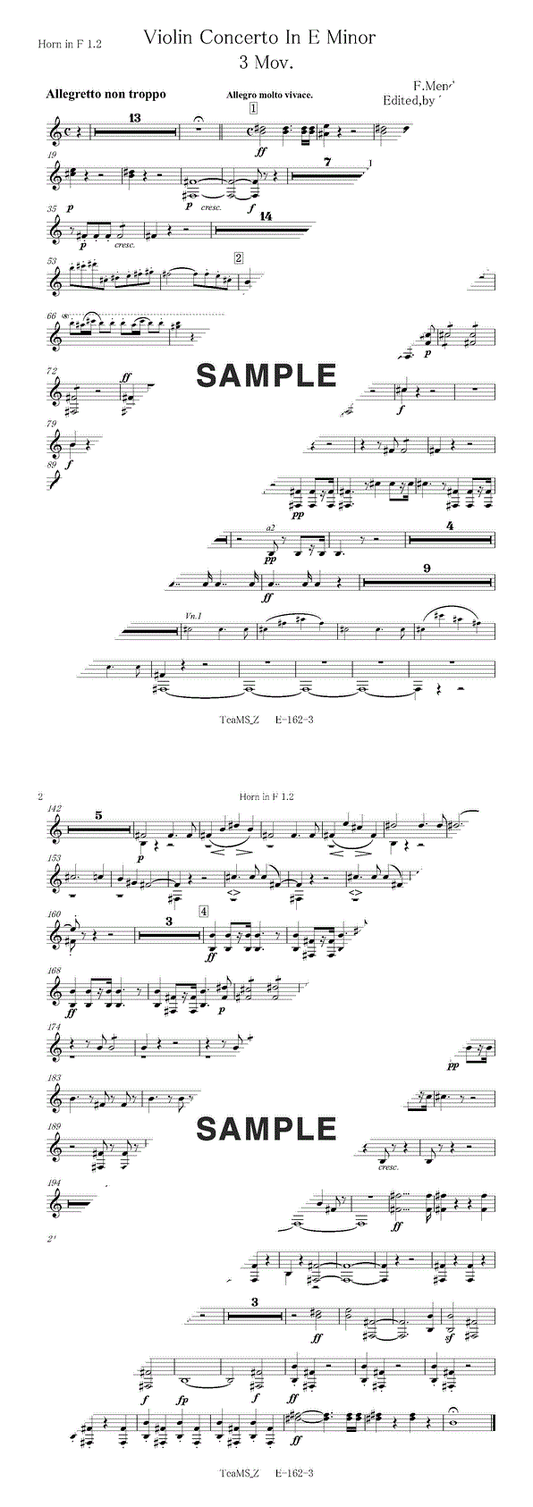 楽譜】ヴァイオリン協奏曲 作品64 ホ短調 第3楽章（Horn in F