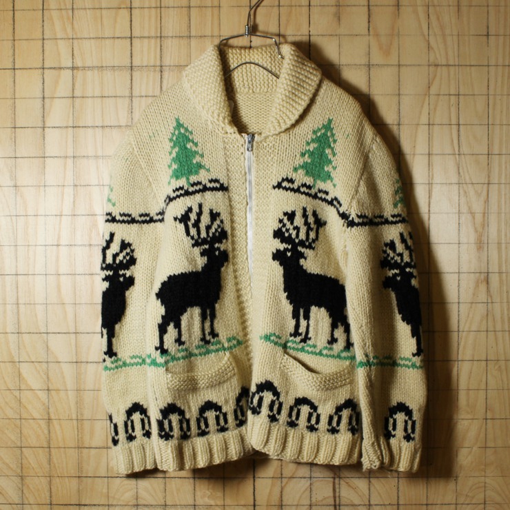 USA製60sビンテージ古着/オフホワイト×ブラック×グリーン/トナカイ柄