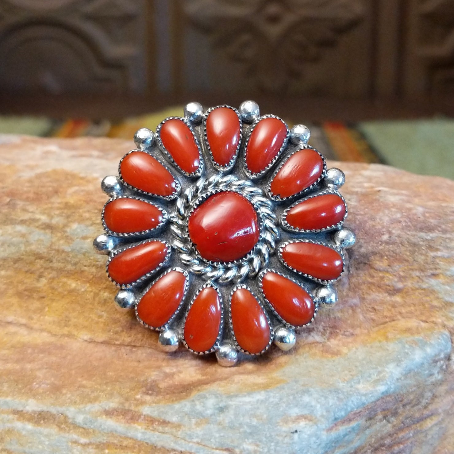 Red Coral Petitpoint Flower Pin & Pendant by Zuni Artisan Lorraine