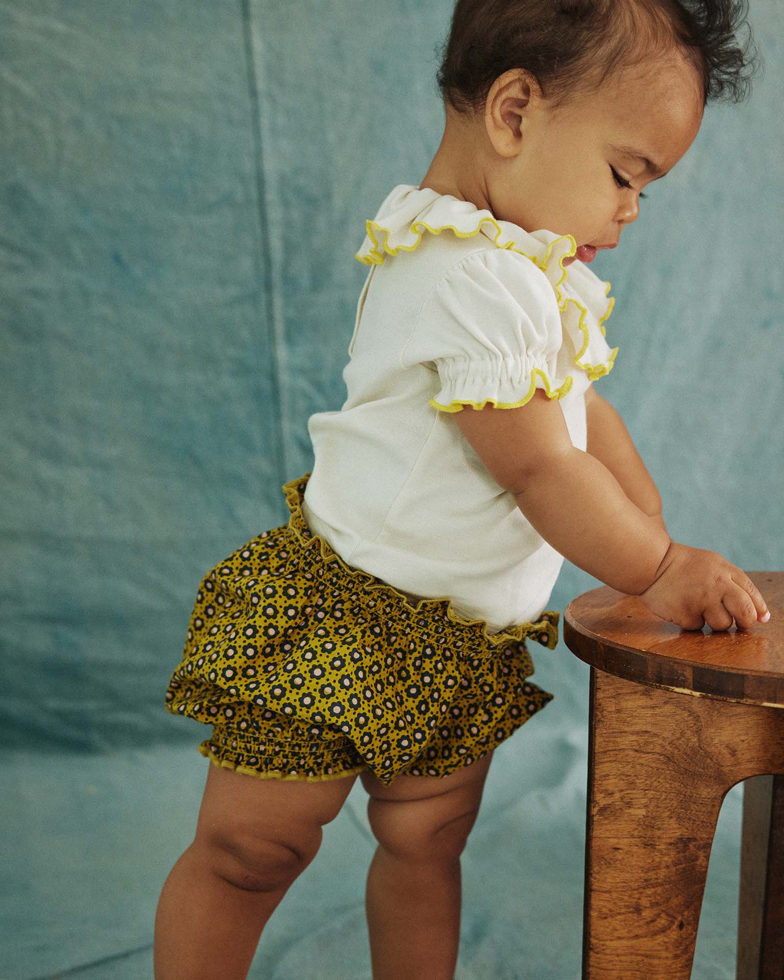 misha + puff bloomer in pistachio flower dot at Little