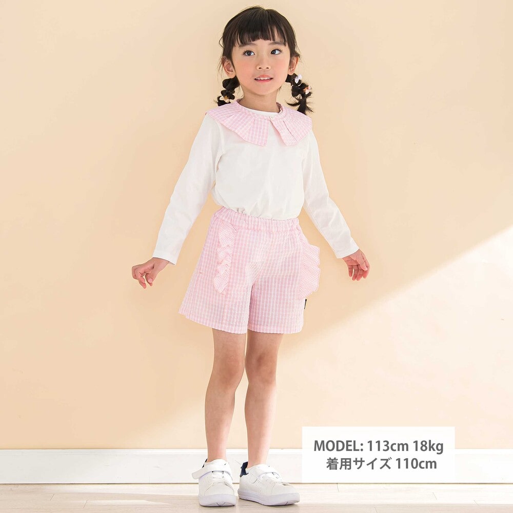 お揃い】ギンガムチェック付け襟Tシャツ+パンツセット(80~130cm)(80cm